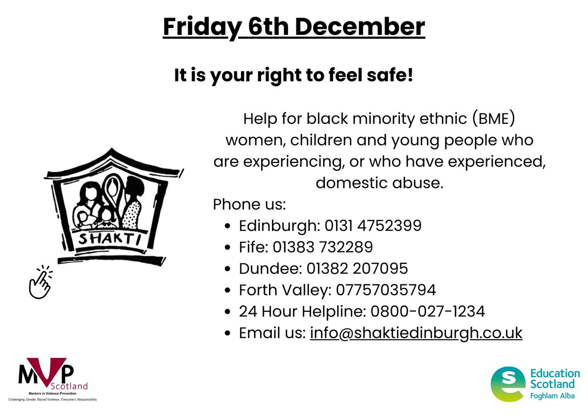 MVP Scotland (@mvpscot) on Twitter photo 16 days of activism - Day 12‼️
<a href="/shaktiedinburgh/">Shakti Women's Aid</a> <a href="/ESInclusionTeam/">EdScot Inclusion Wellbeing & Equalities</a> <a href="/ESInclusionTeam/">EdScot Inclusion Wellbeing & Equalities</a>
shaktiedinburgh.co.uk 16 days of activism - Day 12‼️
<a href="/shaktiedinburgh/">Shakti Women's Aid</a> <a href="/ESInclusionTeam/">EdScot Inclusion Wellbeing & Equalities</a> <a href="/ESInclusionTeam/">EdScot Inclusion Wellbeing & Equalities</a>
shaktiedinburgh.co.uk