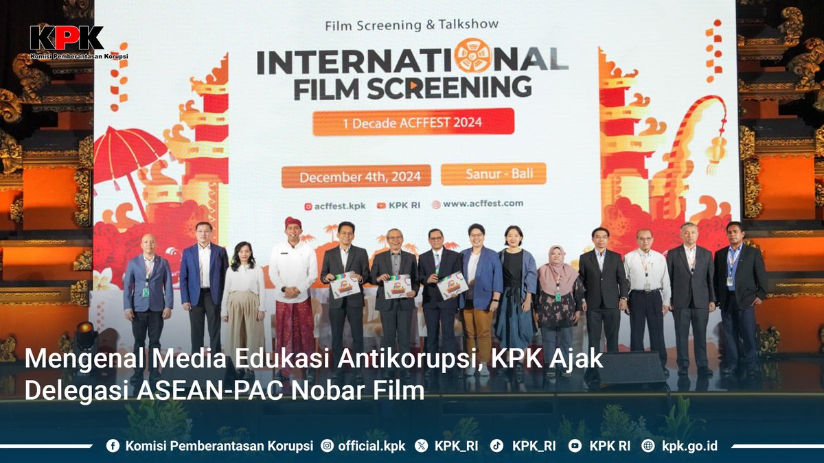 KPK_RI's tweet photo. [BERITA KPK] KPK menggelar program International Film Screening dan diskusi Anti-Corruption Film Festival (ACFFEST), guna memperkenalkan pemanfaatan film sebagai media edukasi antikorupsi kepada delegasi negara anggota ASEAN-PAC di Sanur, Bali. 4 Desember 2024. (1/7)
#ASEANPAC
#ACFFEST