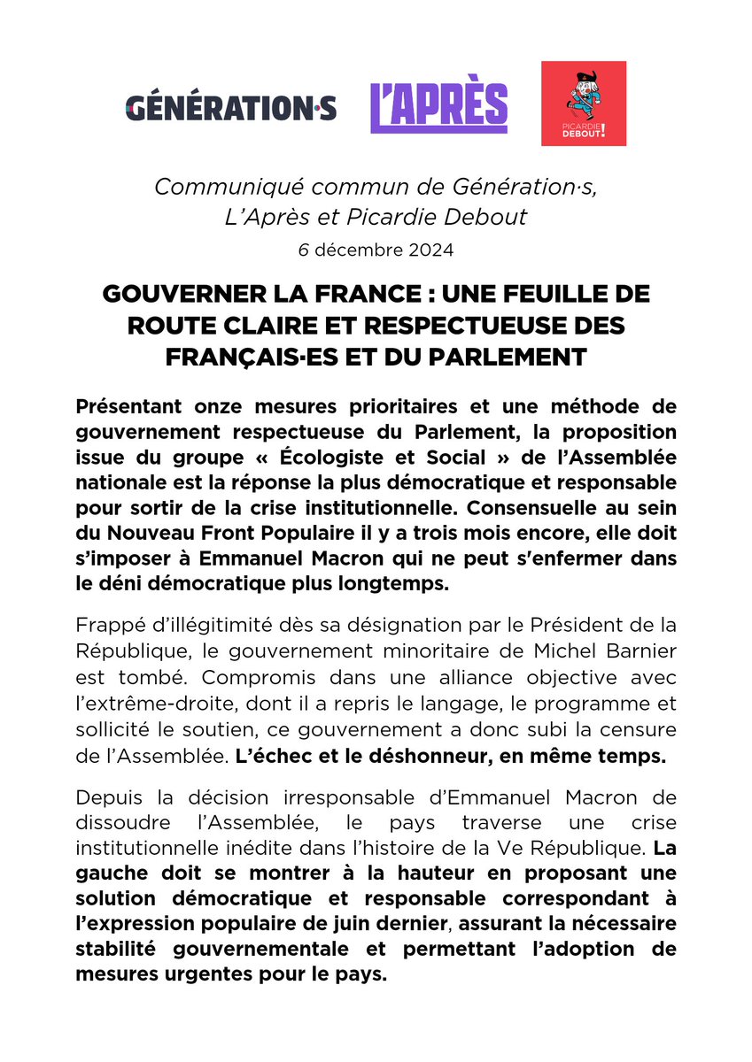 GenerationsMvt's tweet photo. Suite à la censure, nous soutenons la proposition du groupe Ecologiste et Social : onze mesures prioritaires issues du programme du NFP, et une méthode de gouvernement respectueuse de la démocratie parlementaire.

Communiqué commun de Génération·s, @Apres_fr et @PicardieDebout ⤵️ https://t.co/7ytonNRnx2