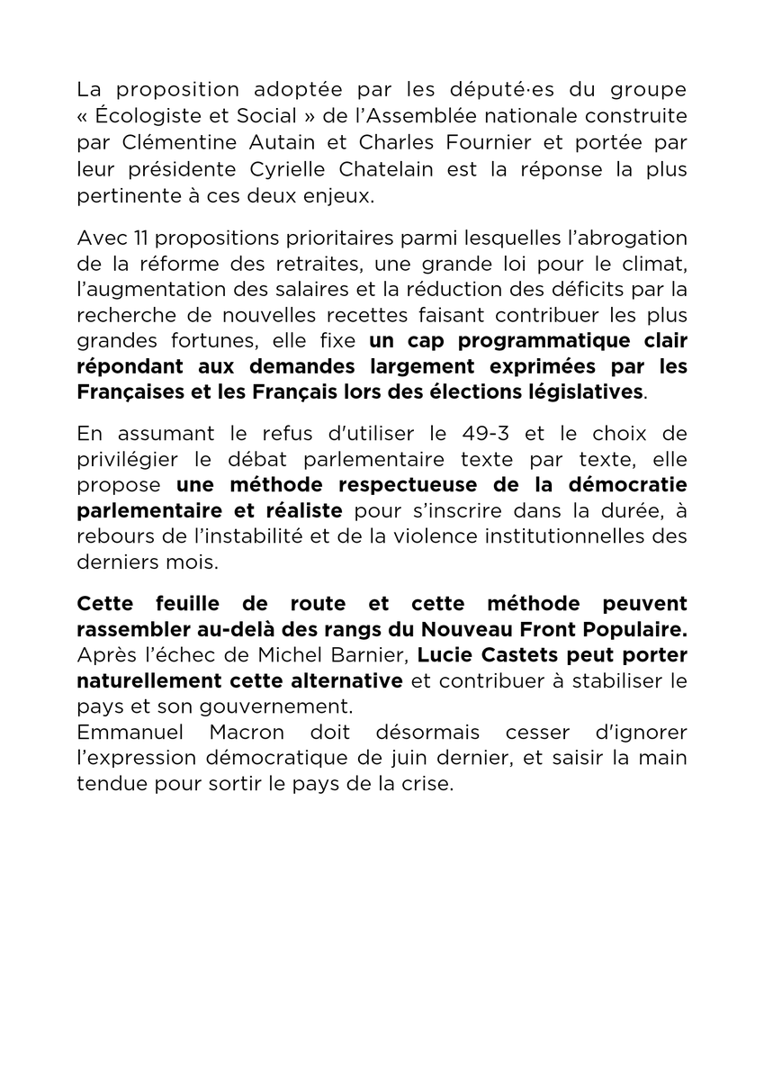 Suite à la censure, nous soutenons la proposition du groupe Ecologiste et Social : onze mesures prioritaires issues du programme du NFP, et une méthode de gouvernement respectueuse de la démocratie parlementaire.

Communiqué commun de Génération·s, <a href="/Apres_fr/">L’APRÈS</a> et @PicardieDebout ⤵️