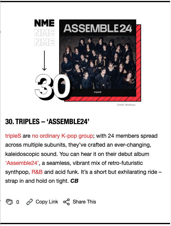 triplescosmos's tweet photo. The 50 Best Albums of 2024

https://t.co/08dDAe0p5o

#tripleS #트리플에스 #トリプルS #トリプルエス #トエス
#ASSEMBLE24 #Girls_Never_Die
@nme