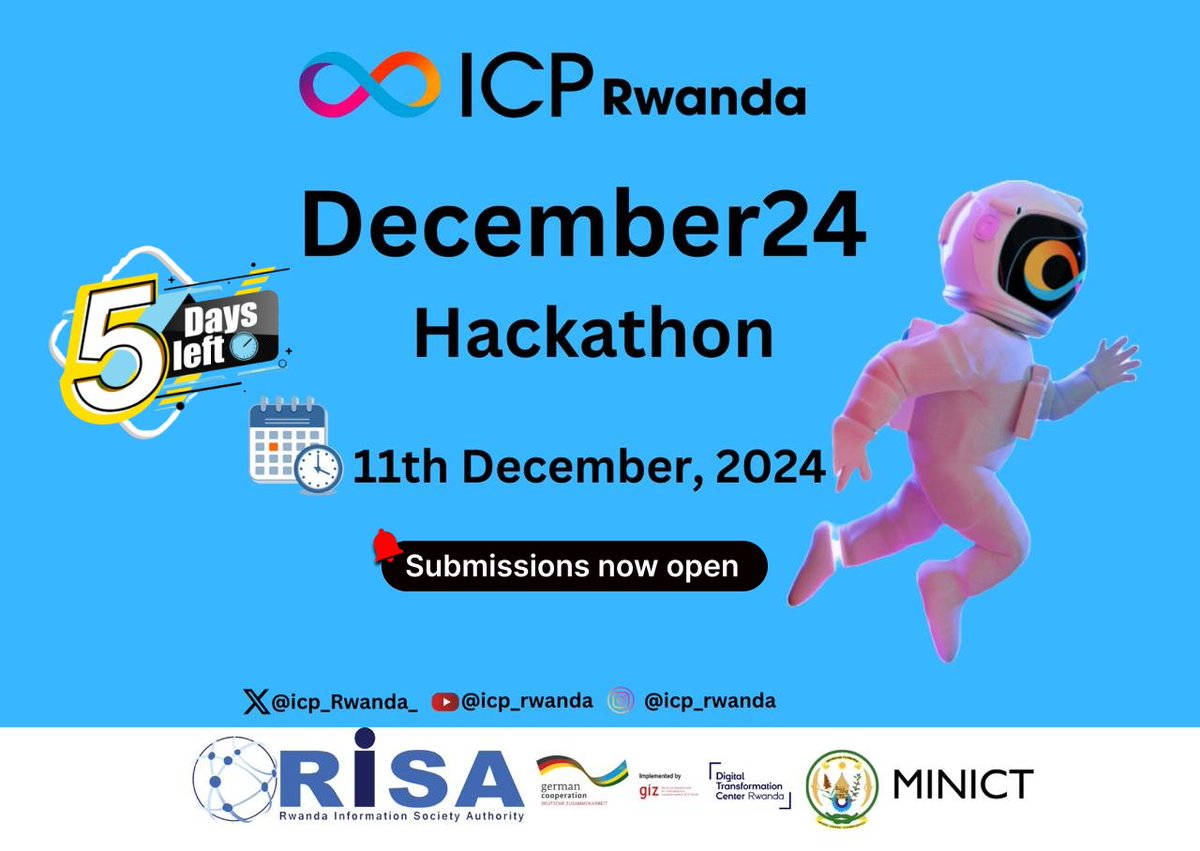 DearMine210's tweet photo. 🎉 Great news! 🚀 Innovators, it's your time to shine! Submit your final project here 👉 https://t.co/hY23LsoUkt… to compete in the #December24ICPrwandaHackathon! 🖥️✨

⏳ Only 5 days left 
#Hackathon #Innovation #TechRwanda #YouthInTech #FutureLeaders #RwandaRising #TechForGood https://t.co/gebsz5lunj