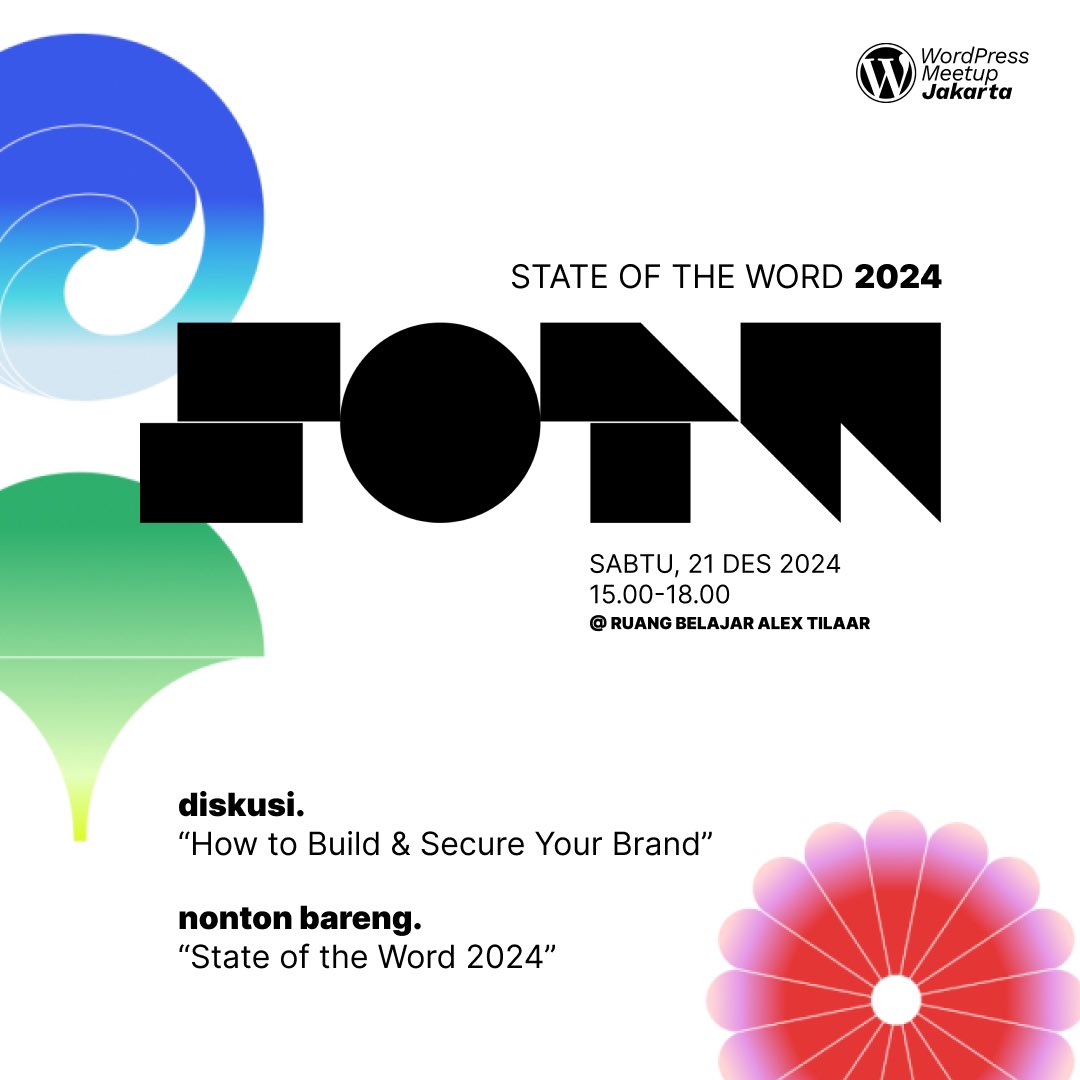 wcjkt's tweet image. 🎉 Yuk, ikutan “Nobar State of the Word 2024” & diskusi seru “How to Build & Secure Your Brand”!
📍 Ruang Belajar Alex Tilaar, Jakarta
📅 21 Des 2024
⏰ 15.00-19.00 WIB
👉 Daftar: bit.ly/nobarsotw2024