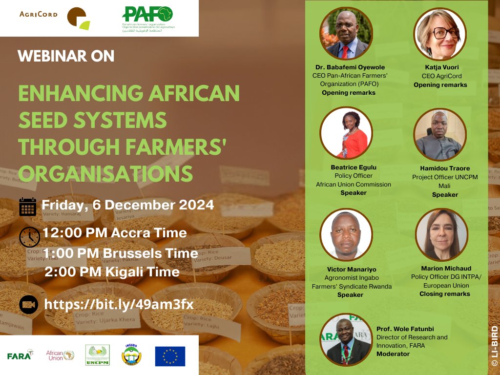 AgriCord (@ffp_agricord) on Twitter photo Our Webinar #seed systems is today, Friday, 6 December 2024.
Join <a href="/pafo_africa/">Pan African Farmers Organisation (PAFO)</a> & <a href="/FFP_AgriCord/">AgriCord</a> to explore innovative seed initiatives implemented by Farmers' Organisations
๐ย 2:00 pm Kigali time
12:00 pm Accra Time
๐ย English & French
Register nowย ๐us02web.zoom.us/meeting/registโฆ Our Webinar #seed systems is today, Friday, 6 December 2024.
Join <a href="/pafo_africa/">Pan African Farmers Organisation (PAFO)</a> & <a href="/FFP_AgriCord/">AgriCord</a> to explore innovative seed initiatives implemented by Farmers' Organisations
๐ย 2:00 pm Kigali time
12:00 pm Accra Time
๐ย English & French
Register nowย ๐us02web.zoom.us/meeting/registโฆ