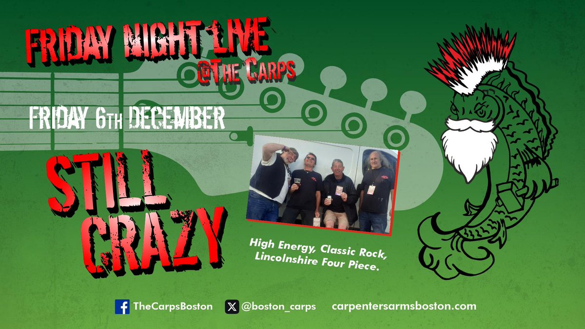 TONIGHT, it's only rock and roll but we like it, like it, yes we do. STILL CRAZY. LIVE 9PM
<a href="/batemansbrewery/">Batemans Brewery</a> <a href="/bostontownfc/">Boston Town FC</a> <a href="/endeavourfm/">107 Endeavour FM</a> <a href="/FirstaidteamBos/">Boston First Aid Team</a> <a href="/LincsConnect/">#LincsConnect</a> <a href="/lincsblogger/">Lincolnshire Blogger</a> <a href="/BostonRFCUK/">Boston Rugby Club UK</a> <a href="/BostonRowingUK/">Boston Rowing Club</a> <a href="/VisitBostonUK/">Visit Boston</a> <a href="/VisitorUKBoston/">VisitorUK-Boston</a> <a href="/standardboston/">Boston Standard</a>