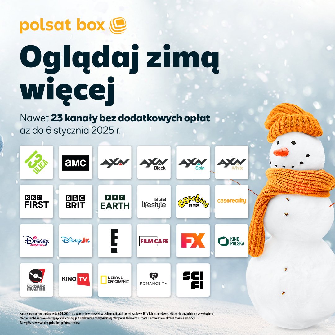 Co można więcej zimą? 🤔
Oglądać! 🤩
Jeśli tylko jesteś naszym Abonentem i masz telewizję Polsat Box -  zyskujesz nawet 23 kanały bez dodatkowych opłat aż do 6 stycznia! ☃️📺
Szczegóły ➡️ sklep.polsatbox.pl/otwarteokna