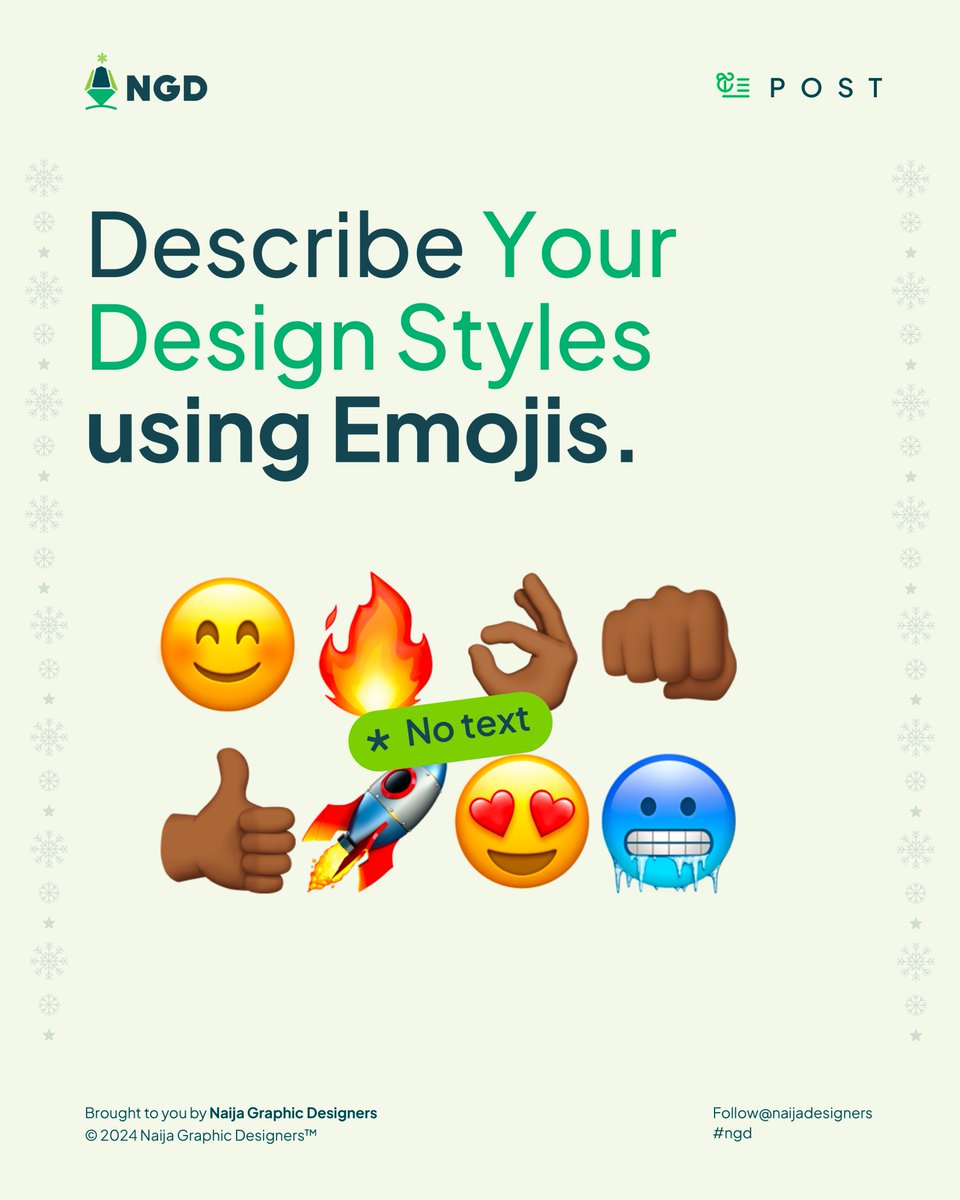 ngdznrs's tweet photo. Show, don't tell! Describe your design style using ONLY emojis! π€π‘
Share yours with us in the comment!
.
#NGD #NGD2024 #NaijaGraphicDesigners #DesignStyle #EmojiChallenge #DesignCommunity #DesignStyleChallenge #EmojiLove https://t.co/UdauFHQ3uz