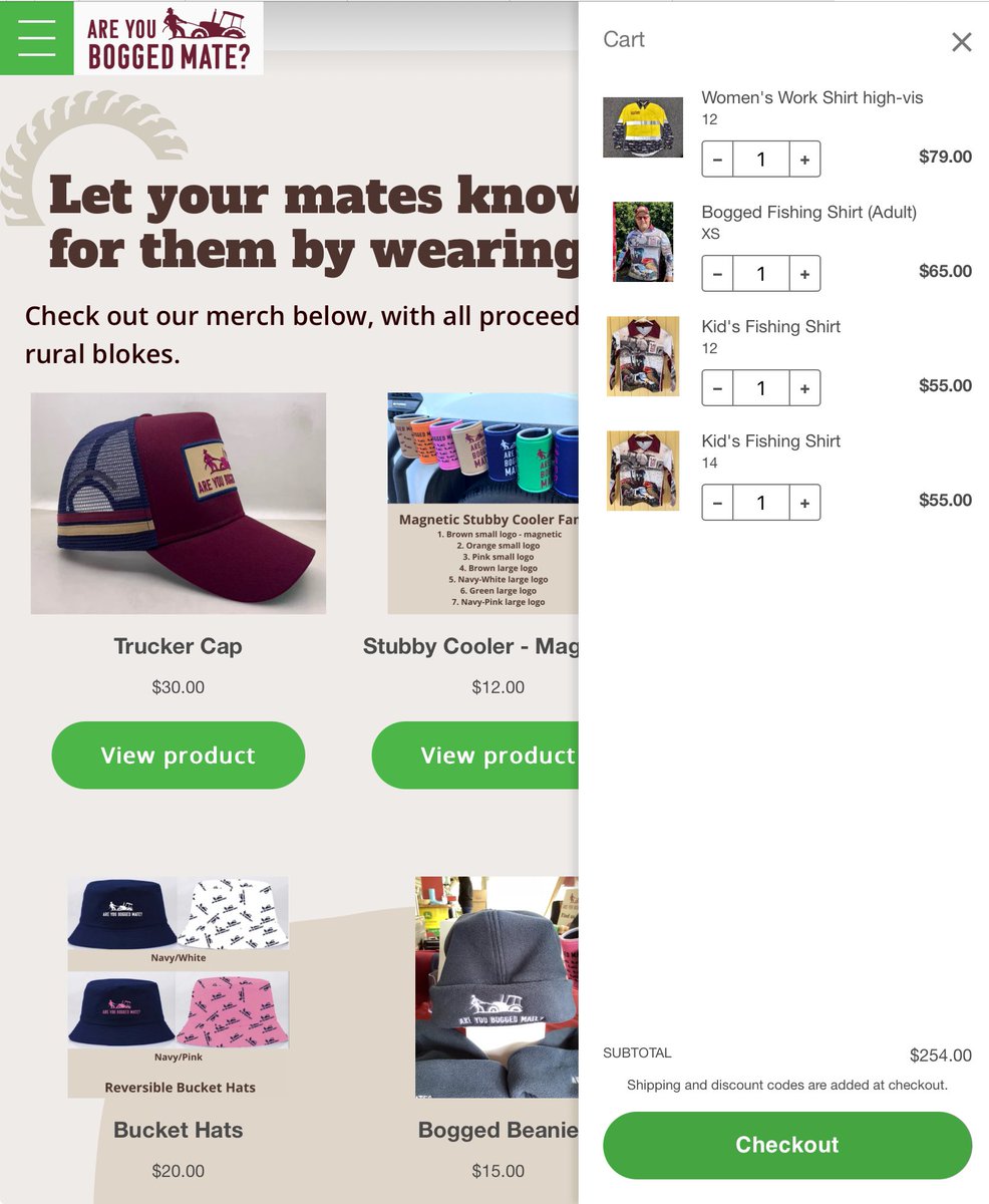 Looking for Xmas ideas? I’ve just ordered some tops from 
   <a href="/RUboggedmate/">Are You Bogged Mate?</a> for my kids and wife. Support a great cause.