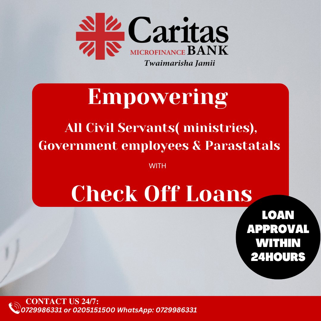 CaritasMFB's tweet photo. Empowering #CivilServants,#GovernmentEmployees & #Parastatals!
Get #CheckOffLoans with approvals up to Ksh 4M, repayment terms of up to 120 months & competitive interest rates.
For more information: 0729986331 | 0205151500 |
#CheckOffLoan #KrisyNaCaritas #FestiveFinance https://t.co/8E76g3TLRY