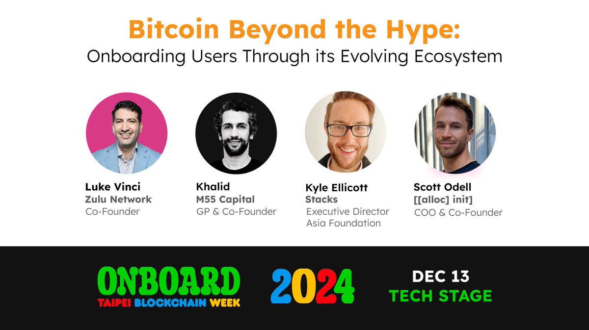 Zulu will be joining Taipei Blockchain Week 2024 (<a href="/TaipeiWeek/">Taipei Blockchain Week</a>) to talk about #Bitcoin beyond the hype!

Featuring:
Zulu Co-founder <a href="/luke_vx/">Luke</a>
<a href="/M55capital/">M55 Capital</a> GP @KMAZnoclip
<a href="/Stacks/">stacks.btc</a> Asia Foundation Exec. Director <a href="/kyleellicott/">Kyle Ellicott</a>
<a href="/alloc_init_/">⁅⁅alloc⁆ init⁆</a> Co-Founder <a href="/koriclimber/">Scott Odell</a>

#TBW2024 Don't miss