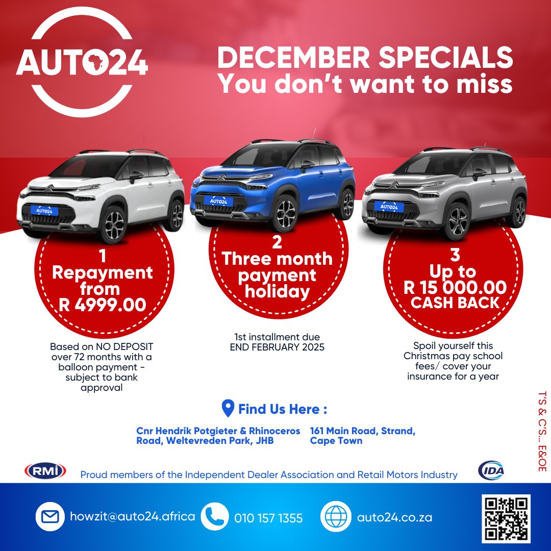 Auto24ZA's tweet image. Drive into December with Citroën Specials at Auto24! 🚗✨

✅ Low Repayment Costs
✅ Payment Holiday
✅ Cashback Offers!

Don't miss out! End the year in style!
#CitroënDeals #Auto24 #DriveIntoSavings
