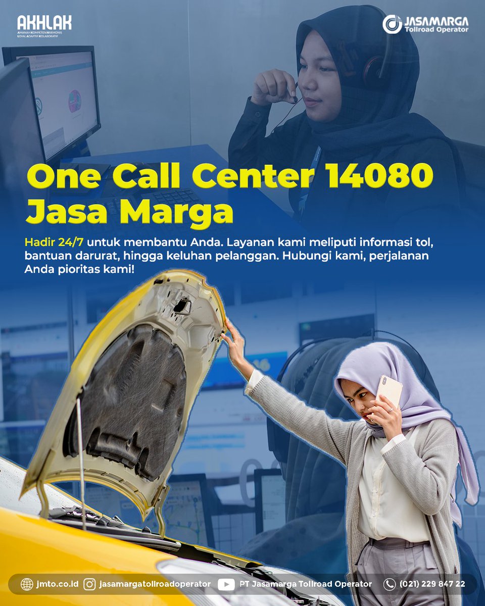 One Call Center 14080 Jasa Marga

Kami hadir 24/7 untuk melayani Anda! Mulai dari informasi tol, bantuan darurat, hingga menanggapi keluhan pelanggan, semua ada dalam satu layanan. 

Perjalanan Anda adalah prioritas kami! Hubungi kami kapan saja di 14080.

#OneCallCenter14080