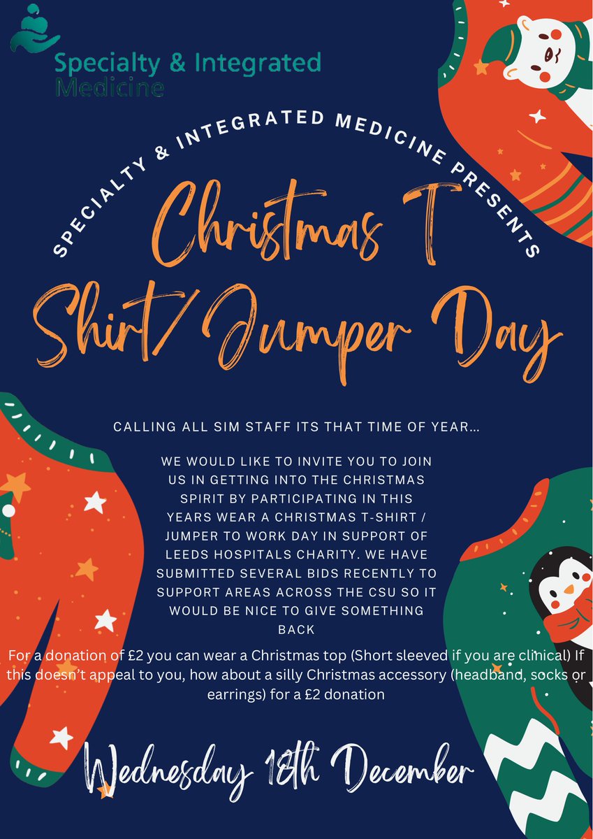 LTHT Specialty & Integrated Medicine (@ltht_sim) on Twitter photo 🎄✨All SIM colleagues, on 18th December you are able to wear a Christmas Jumper, T-shirt or Christmas accessories to work for a small donation of £2. All proceeds are donated to Leeds Hospitals Charity. Please give donations to your line manager✨🎄 <a href="/LDShospcharity/">Leeds Hospitals Charity</a> 🎄✨All SIM colleagues, on 18th December you are able to wear a Christmas Jumper, T-shirt or Christmas accessories to work for a small donation of £2. All proceeds are donated to Leeds Hospitals Charity. Please give donations to your line manager✨🎄 <a href="/LDShospcharity/">Leeds Hospitals Charity</a>
