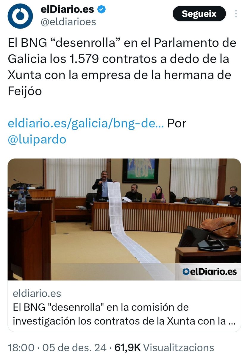 La Fiscalía no habrá intervenido porque adjudicar a dedo 1.579 contratos menores a la empresa de la hermana de Feijóo no da que pensar ni levanta sospecha alguna. Circulen, que aquí no hay nada que ver.
  eldiario.es/1_b5468a?utm_c…