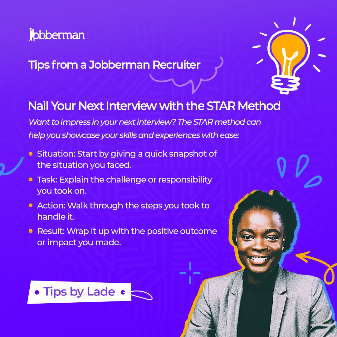 Jobbermandotcom's tweet photo. Lade, one of our senior recruitment consultants, shared her top tips for job seekers!
Share your tips in the comments below!
#JobbermanNigeria #JobSeekerTips #TipsFromJobberman https://t.co/P2LnAyccsW