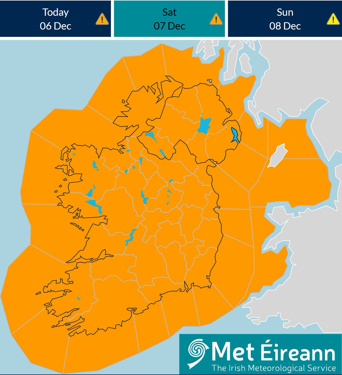 ⚠️#StormDarragh Update⚠️

Very strong &amp; gusty northwest winds🌬️

Status Orange -Wind warning for Munster, Connacht
Valid: 20:00 Fri 06/12 to 10:00 Sat 07/12

Status Orange - Wind warning for Leinster, Cavan, Donegal, Monaghan
Valid: 22:00 Fri 06/12 to 10:00 Sat 07/12