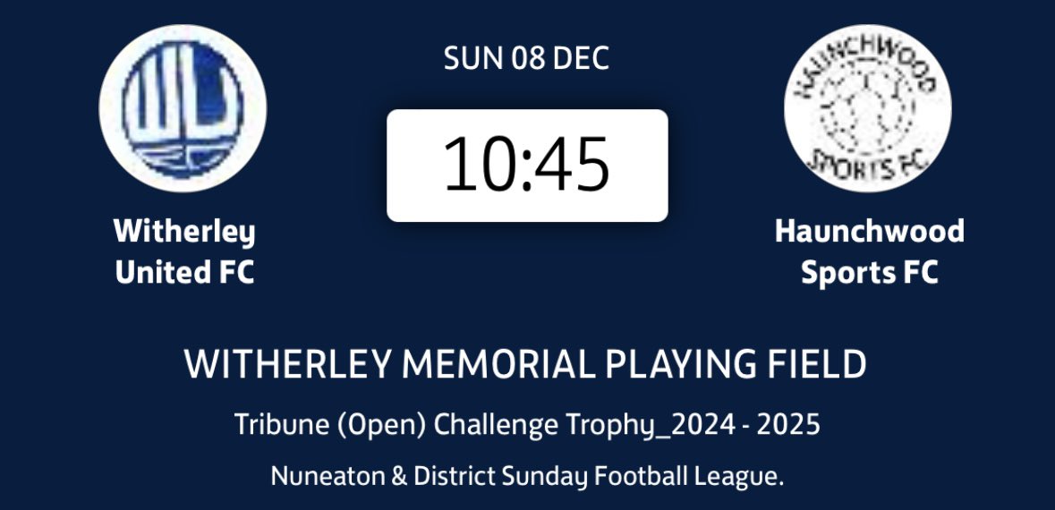 Haunchwood Sports FC (@haunchwoodsfc) on Twitter photo ๐ 08/12/24
๐ Tribune Cup
๐ Witherley
๐๏ธ Witherley memorial playing field
๐ 10:45 KO
This week we are on the road against a strong <a href="/witherleyfc/">Witherley United fc</a> team. Last time out we ran them close however this week we will be aiming to get into the next round of the cup.
UTFT โค๏ธ ๐ 08/12/24
๐ Tribune Cup
๐ Witherley
๐๏ธ Witherley memorial playing field
๐ 10:45 KO
This week we are on the road against a strong <a href="/witherleyfc/">Witherley United fc</a> team. Last time out we ran them close however this week we will be aiming to get into the next round of the cup.
UTFT โค๏ธ