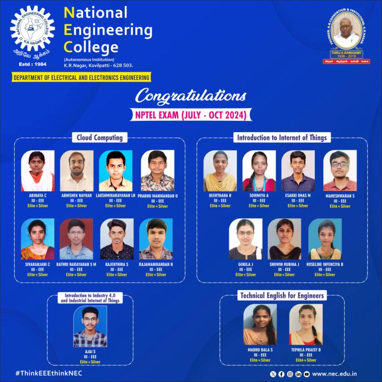 hod_eee_nec's tweet photo. Congrats ππ»ππ»ππ» to our III year students for their achievements in NPTEL (July - Oct 2024 Session)π₯π₯π₯ππ
@NECKVP
@nptel_india
#ThinkEEEthinkNEC #necplacement #NECAlumni #Nationalengineeringcollege #placement2025 #StudentAchievement #NPTEL #elitesilver #IoT #cloudcomputing https://t.co/cN5AywQzd2