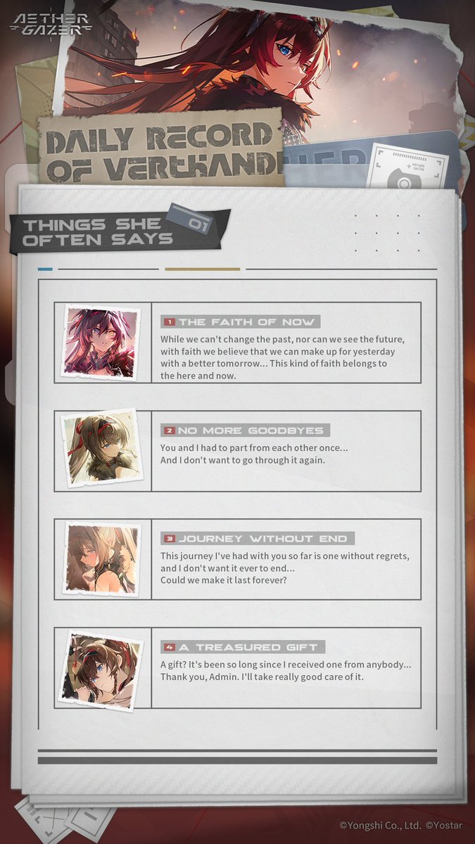 AetherGazerEN's tweet photo. 📕Daily Record of Verthandi
As you see Verthandi coming towards you, you close her record file in hand. Verthandi: "I'll take care of the assistant's duties. Relax, you won't have to buy me BBQ this time."
#AetherGazer #Yostar #Verthandi https://t.co/TLjZzxV2K3