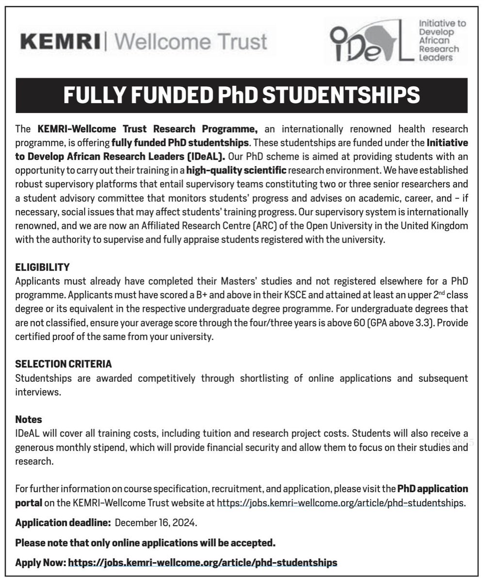 🚨Deadline Extension!🚨
The deadline for the <a href="/KEMRI_Wellcome/">KEMRI-Wellcome Trust</a>  fully funded PhD studentships has been extended! 
Apply now and seize this opportunity to acquire valuable skills &amp; mentorship to address Africa’s health challenges.
🔗 Apply here: [shorturl.at/4GaZm]
🗓️