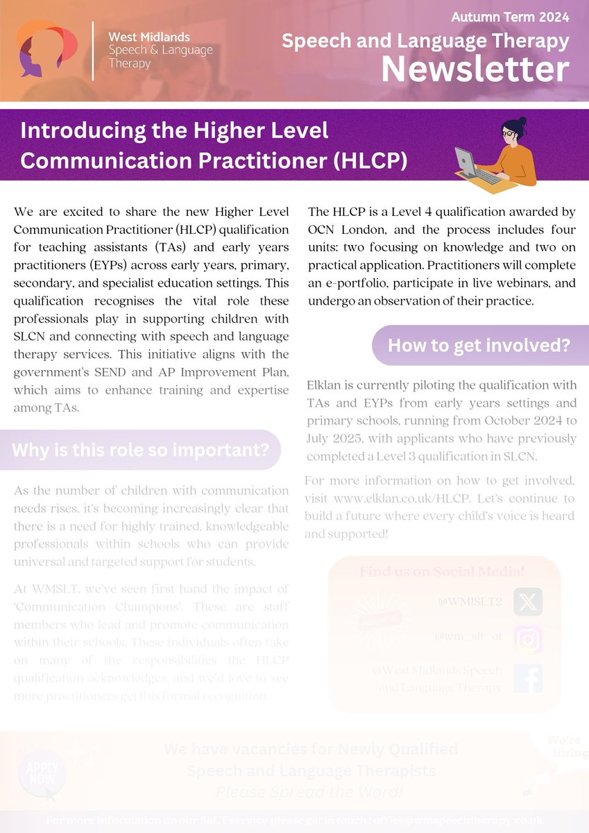 Our Autumn Newsletters Are Here! 🤗

Packed with insights and updates from our Speech Therapy and Occupational Therapy teams, including our new SEN Service for school 'Hub' settings, and a review of #OTWeek24 🤩

Read in full here: wmspeechtherapy.co.uk/news-blog/

#SaLT #OT #SLCN #SEN
