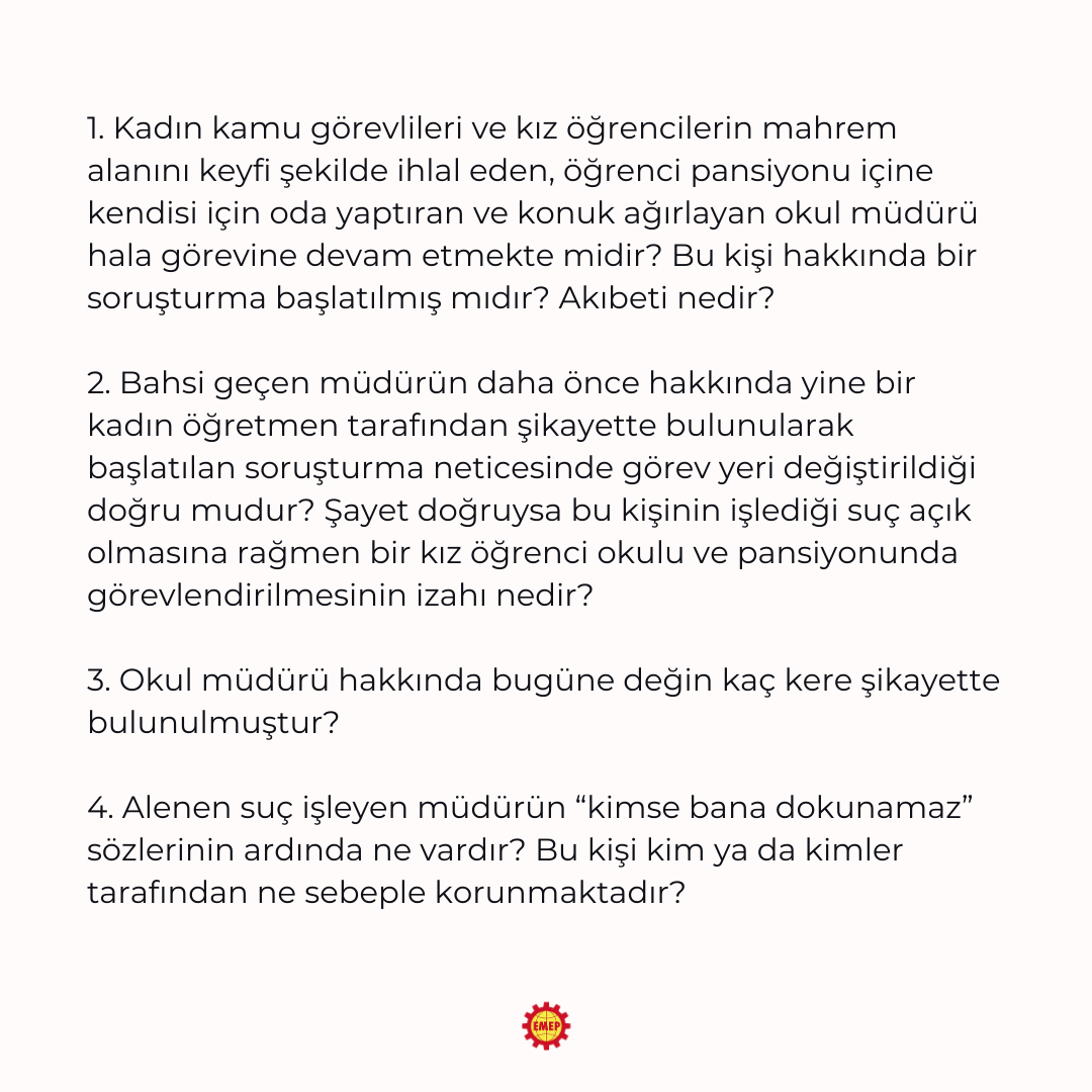 sevdakaraca's tweet photo. Adana Karşıyaka Orhan Çobanoğlu Kız Mesleki ve Teknik Anadolu Lisesi’nin erkek müdürü, kız öğrencilerin konakladığı pansiyonun içindeki öğrenci dinlenme odasını kendisine “şark odası” yaptırdı, keyfi istedikçe de pansiyonun içinde misafir ağırlıyor!

ŞARK ODASI! 

Bununla ilgili pek çok kez şikayet başvurusu yapılmış, ne olmuş dersiniz? 

Müdür görevine devam ediyor, "Bana bir şey olmaz" diyor. 

Kim veriyor ona bu cesareti? 

Önceki görev yerinde de şikayet edilen bu müdürü, terfi ettirir gibi Kız Meslek Lisesine atayanlar! 

Kız öğrenciler rahat edemezken biz de size rahat vermeyeceğiz.

@Yusuf__Tekin müdürünü şark köşesinden kaldır.