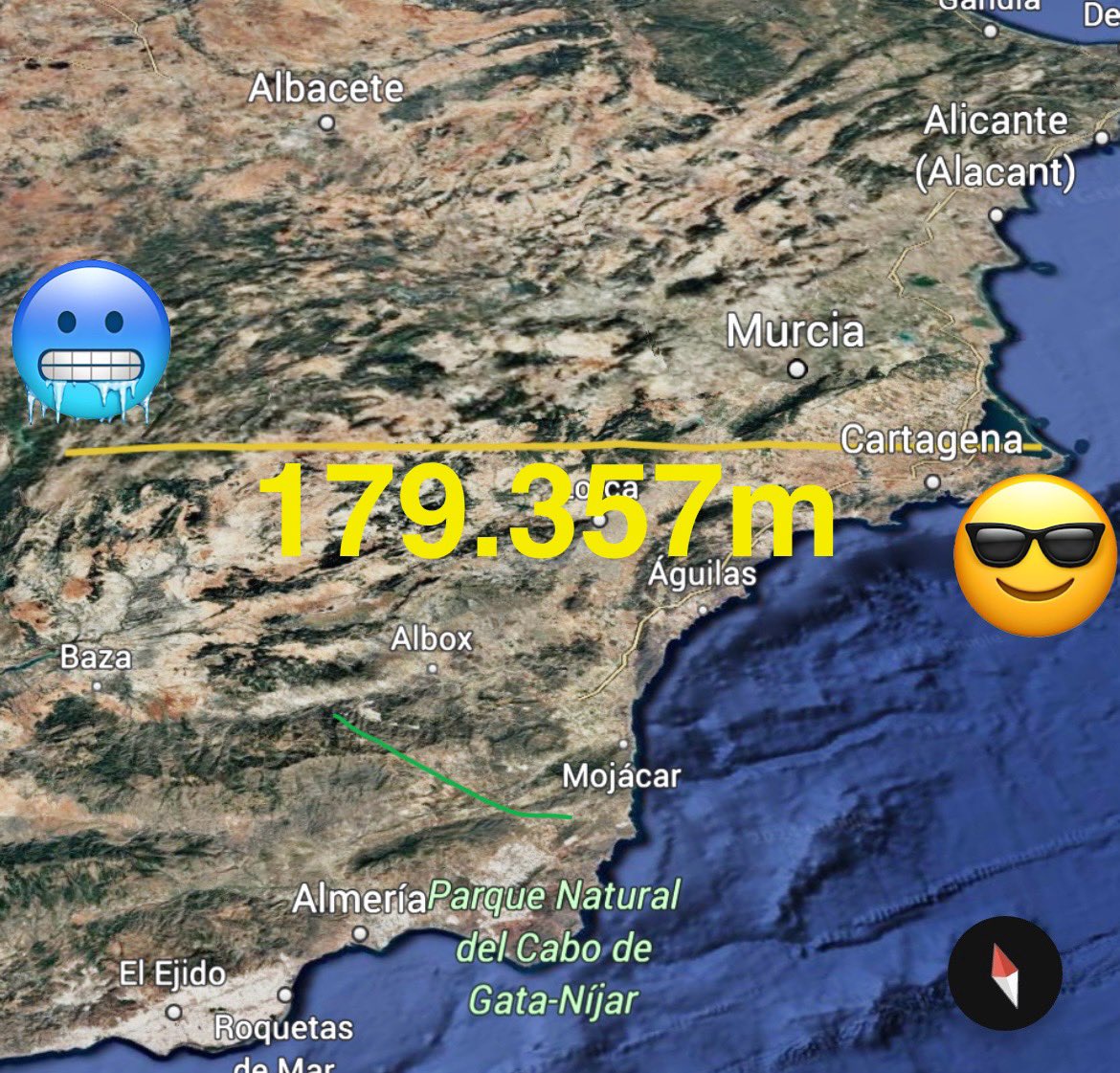 ¿Puede el aroma de una infusión nevada en el karst del nacimiento del Segura, a 179.357 m de distancia de la Cala del Pino, vincularse geo-climáticamente con un mojito al sol en La Manga, entre volcanes extintos y arenas costeras, en pleno Mediterráneo?
❄️🥶🍵➡️☀️😎🍹

Hilazo! 👇🏼