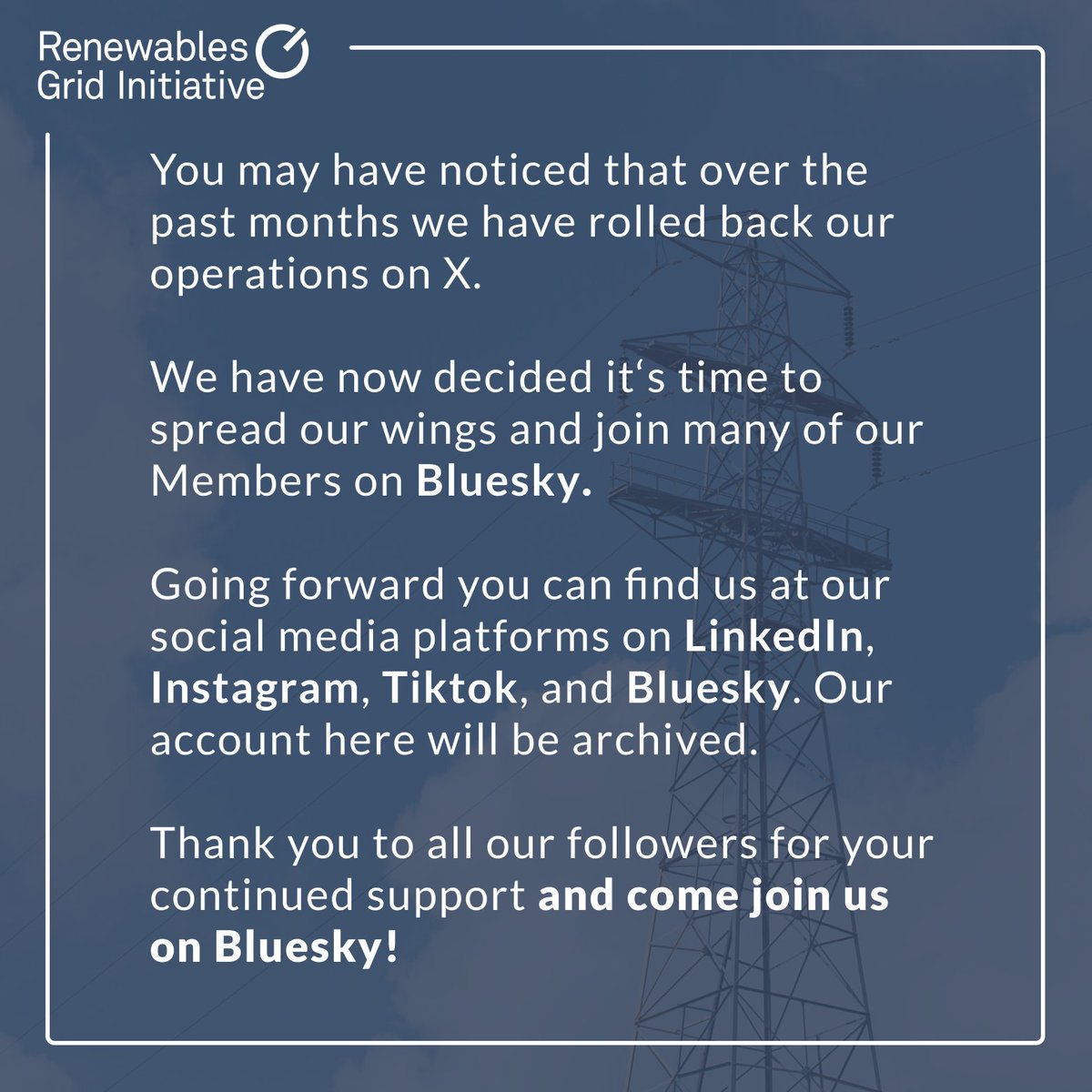 RGI will no longer be posting on X.

Thank you to all our followers for your many years of support - we invite you to come join us on Bluesky!

🦋RGI's Bluesky account👉 bsky.app/profile/renewa…

Follow RGI's work on all our social media platforms👉 linktr.ee/renewablesgrid