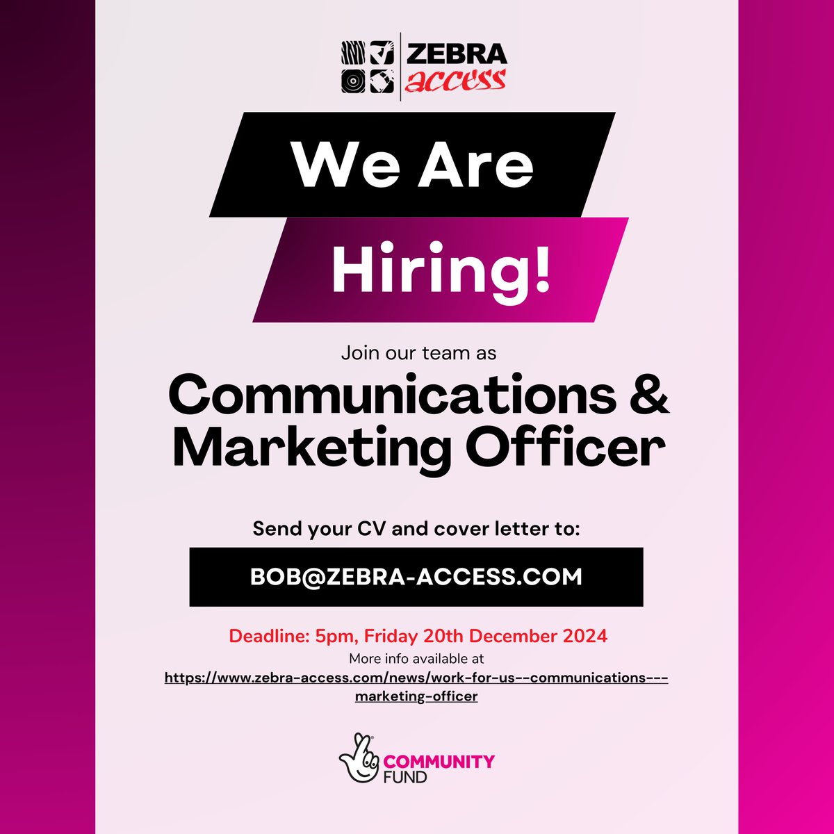 Zebra Access CIO (@zebraaccess) on Twitter photo Join our team as Communications & Marketing Officer!
Application Deadline: 5pm, Friday 20th December 2024
Please send your CV and cover letter to: bob@zebra-access.com
For more information, visit our website:
zebra-access.com/news/work-for-โฆ Join our team as Communications & Marketing Officer!
Application Deadline: 5pm, Friday 20th December 2024
Please send your CV and cover letter to: bob@zebra-access.com
For more information, visit our website:
zebra-access.com/news/work-for-โฆ