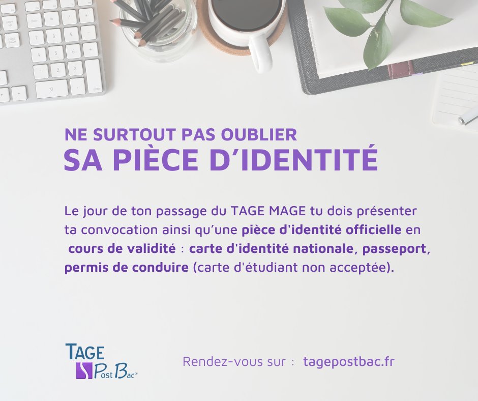 Tu passes le TAGE Post Bac ? 👀

N’oublie pas ta convocation et une pièce d'identité officielle en cours de validité ! 📄

🔗 buff.ly/4fG0WUj

#TAGE #PostBac #cahier #Test #Admission #Management #Article
