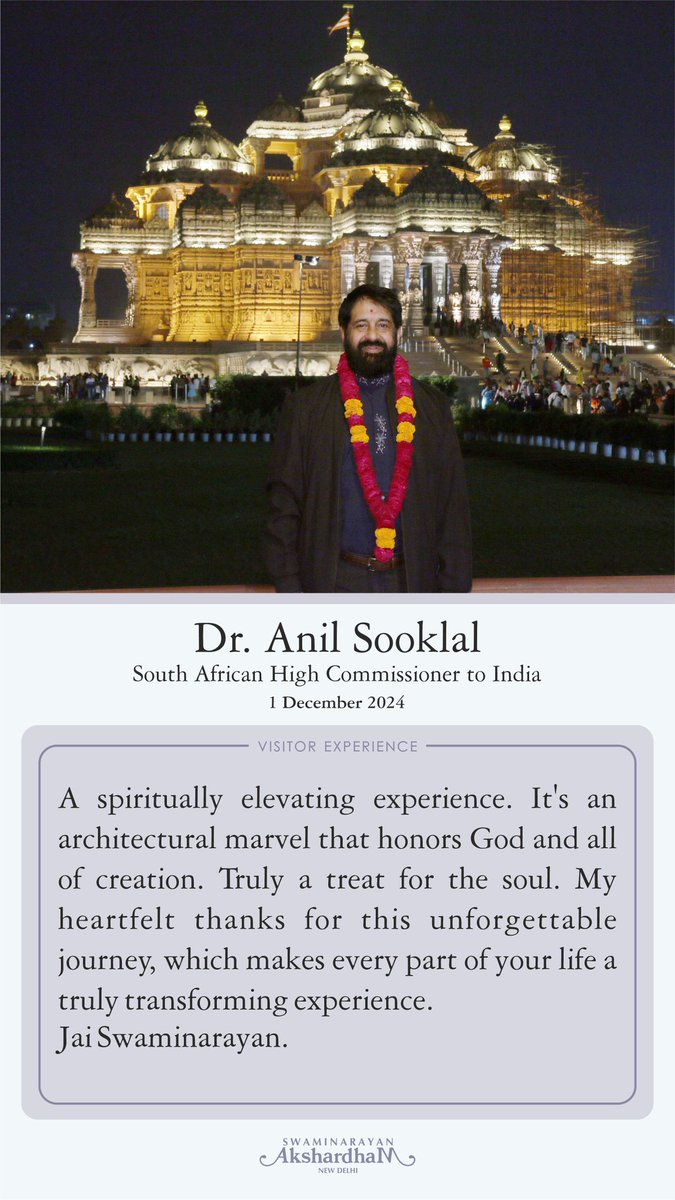DelhiAkshardham's tweet image. Honoured to welcome South Africa’s Minister of Tourism, Ms. Patricia de Lille, to @DelhiAkshardham, celebrating 30 years of South Africa-India ties. Her admiration for this spiritual marvel inspires us as we await the BAPS Cultural Centre in Johannesburg! 🙏

🇮🇳🇿🇦 @hci_pretoria