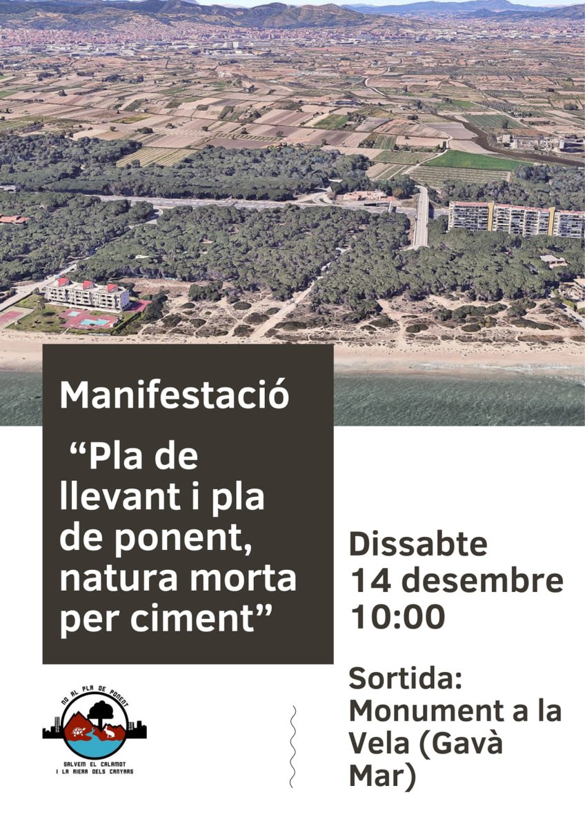 Manifestació "Pla de llevant i Pla de Ponent, natura morta per ciment"‼️
Dissabte 14 D
10:00
Monument a la vela (Gavà Mar)
Davant de les agressions al medi ambient a #Gavà, convocada manifestació des de el monument a la vela i anirà fins les tanques de les obres🏗 de Llevant Mar