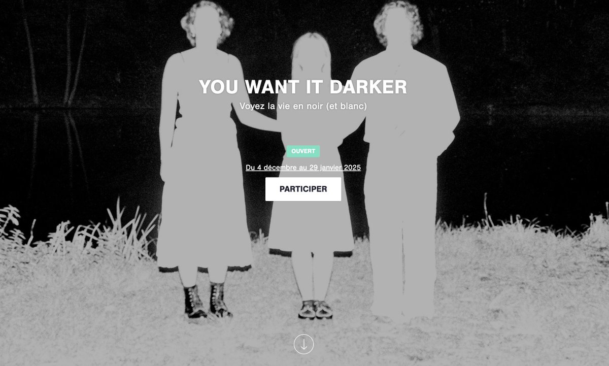 Nouveau concours 📸 : You Want It Darker, comme chantait Leonard Cohen. 

Jusqu'au 29 janvier 2025, plongez du côté obscur : on veut du noir et blanc, de la noirceur...

Les lauréats seront publiés dans l'excellente revue photo 🇧🇪 Tropical Stoemp !

wipplay.com/fr_FR/concours…