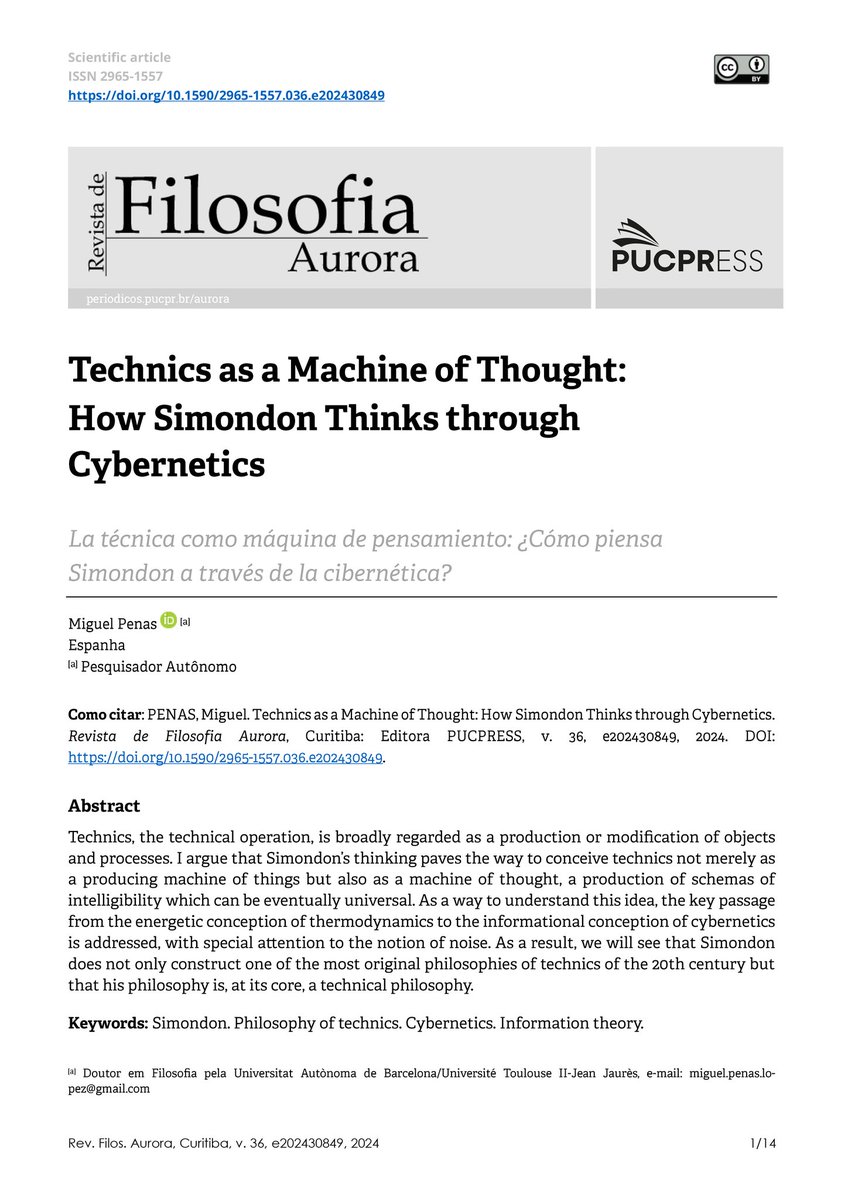 luisgmerida's tweet photo. Orgullosísimo de poder presentar por fin este artículo de mi amigo y colega @ProcessThinking, en el que continúa la que quizá sea la principal discusión que une su investigación y la mía, el lugar de la termodinámica en el pensamiento de Simondon. Un trabajo impecable. 1/2

🔗👇🏻 https://t.co/6x2CZVdv39