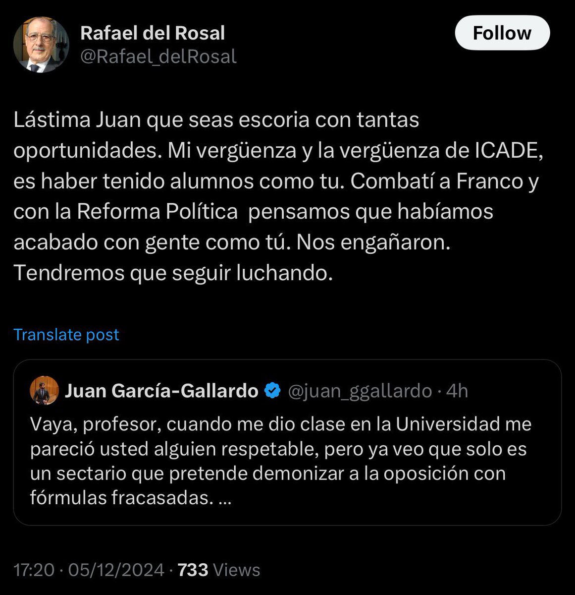 JaviRodrigo11's tweet photo. Esto es intolerable, sea de @vox_es del @ppopular del @PSOE de @PODEMOS o de cualquier otro partido

Intolerable.

Esa universidad @UCOMILLAS debería dar explicaciones urgentes e informar a los padres que van a pagar una matrícula, si sigue como profesor ahí un individuo que el día de mañana podría insultar y llamar escoria a sus hijos si la ideología que tengan no le gusta a este personaje.

Ojo a la frase: “pensamos que “habíamos acabado” con gente como tú”…

Tremendo