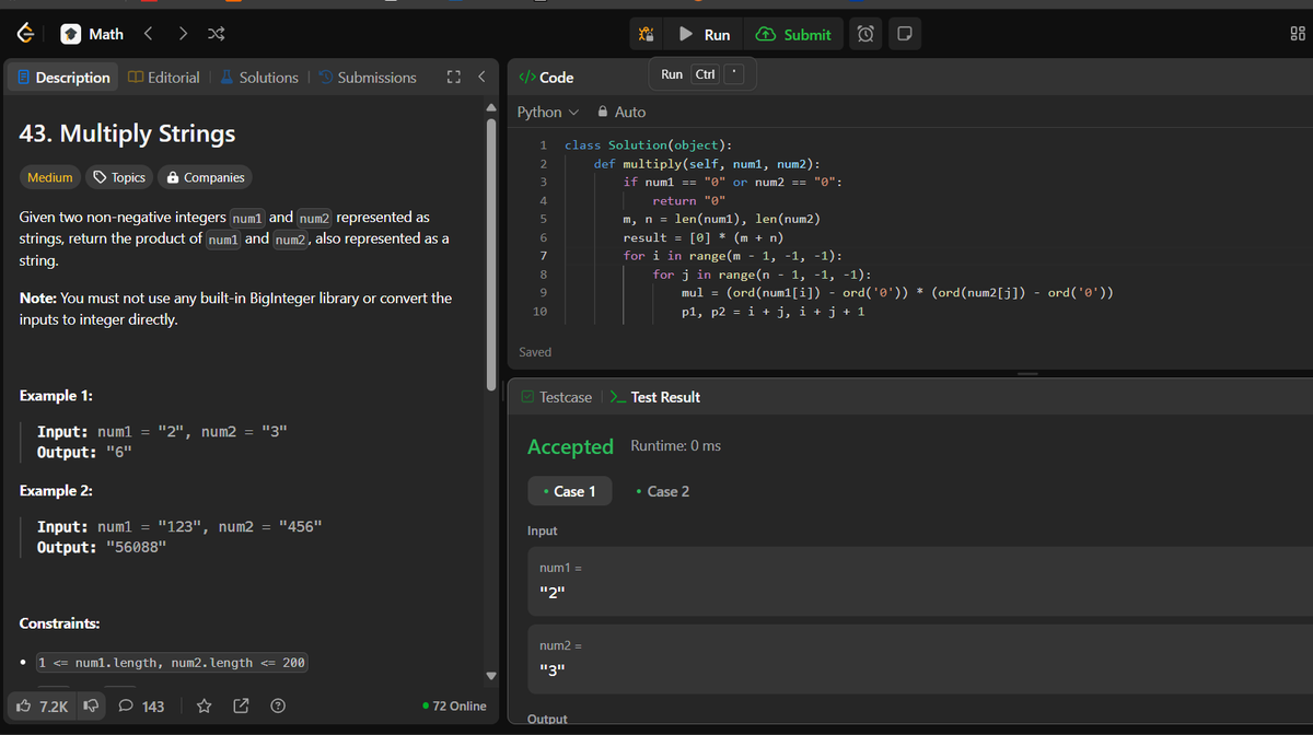 Deven03487129's tweet photo. #day25
"Just solved the #MultiplyStrings problem on #leetcode 🧑💻 It's a cool challenge to multiply two non-negative integers represented as strings without using any built-in BigInteger functions. Check out my Python solution. 💡 #LeetCode #Python #Code #30DaysOfFLCode https://t.co/Gi9eSitja2