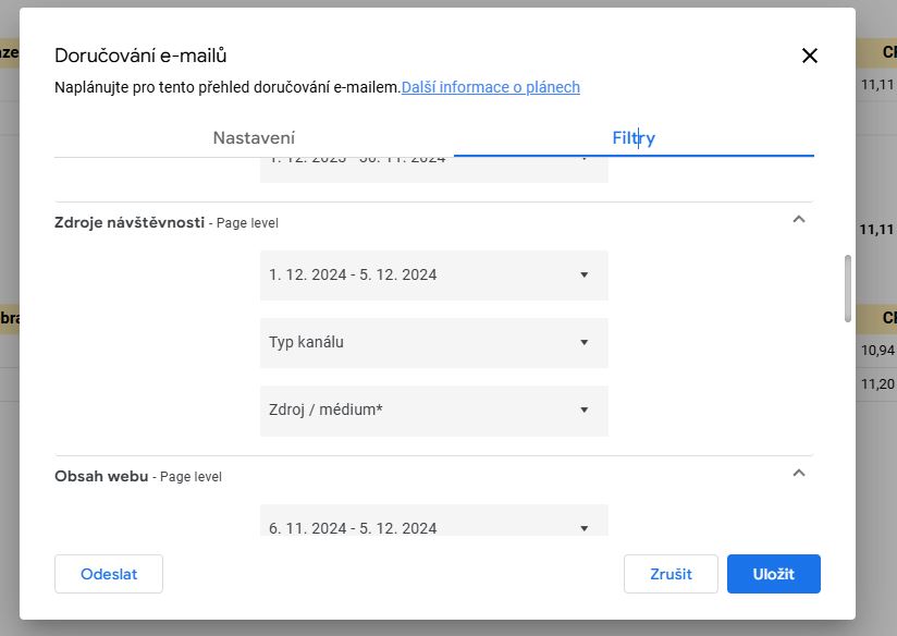 Používáte naplánované maily v Looker Studio? Věděli jste, že si můžete na kartě "Filtry" přednastavit jaké hodnoty při generování reportu budou nastaveny?