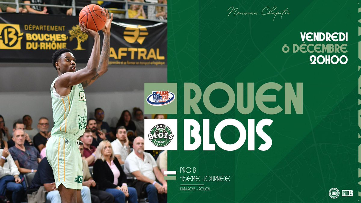 ADABloisBasket's tweet photo. 𝗝𝗢𝗨𝗥 𝗗𝗘 𝗠𝗔𝗧𝗖𝗛 🔥

🏀 Pro B - Journée 15
🆚 @RouenMBasket 
🏟 @LeKindarena 
🕗 20h00
💻 LNB TV
💚 Déplacement ADA x https://t.co/8FTl5HfdfC Blois

#ADABlois #ProB https://t.co/BlmAuyeHB5