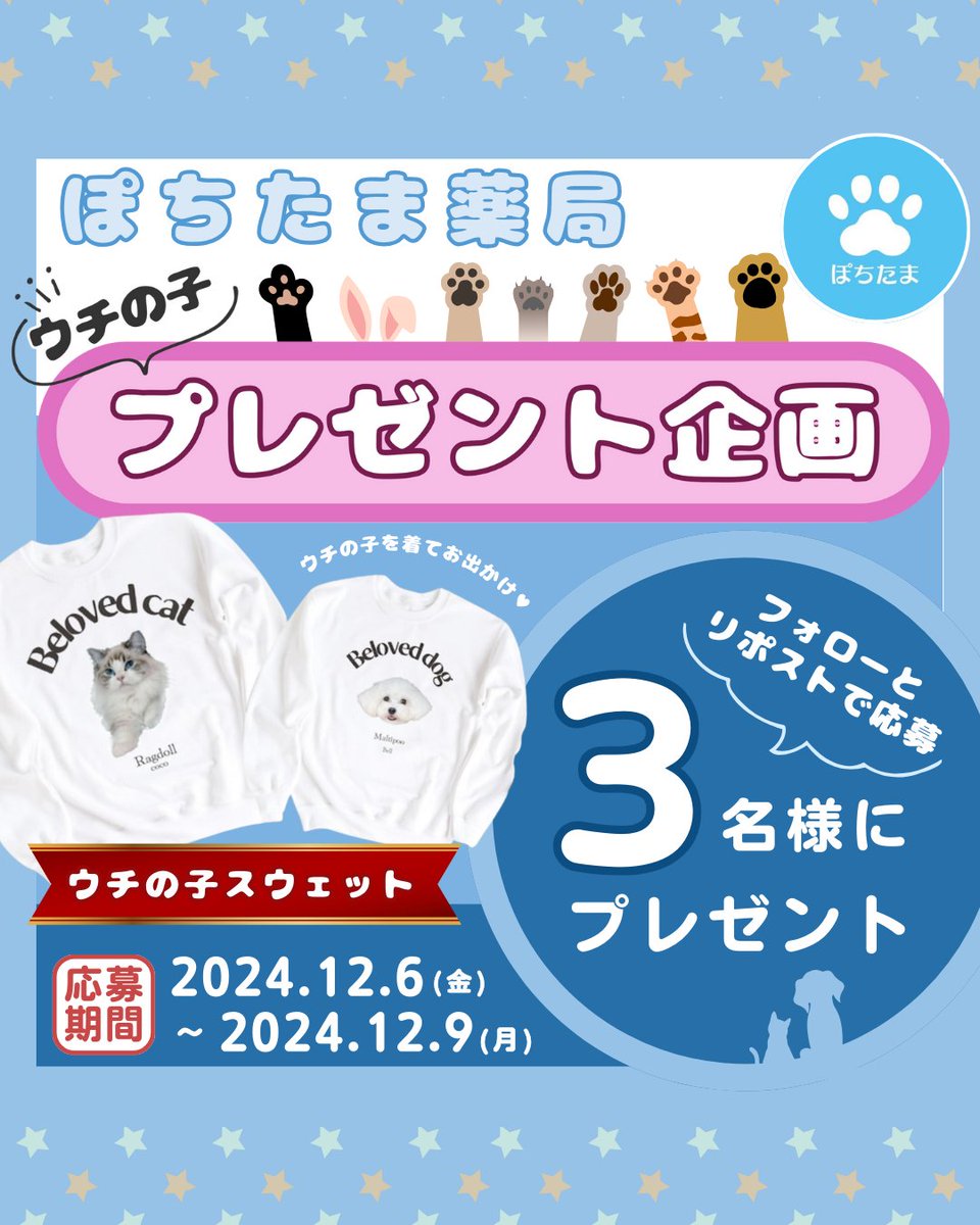 pochi10tama's tweet photo. ˗ˏˋ ウチの子プレゼント企画🎁 ˊˎ˗

ウチの子が描かれているスウェット可愛すぎるᐡ⸝⸝>  ̫ <⸝⸝ᐡ
今季はこのスウェットで過ごしましょう✊🏻

.˚⊹⁺‧┈┈┈┈┈┈┈┈┈‧⁺ ⊹˚.
✔応募はフォロー＆リポスト
⏰12/9(月) 23:59〆切

#キャンペーン https://t.co/wYova9G9pc