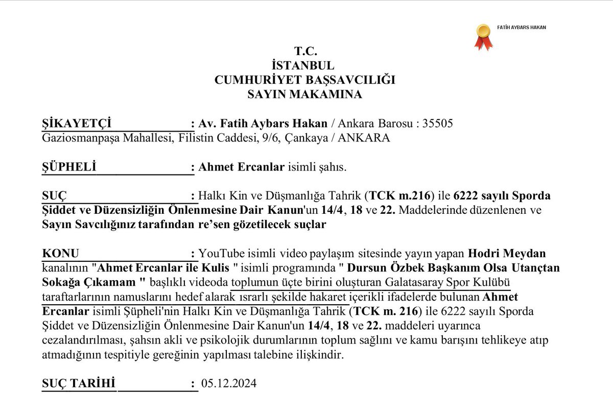 Galatasaray taraftarının namuslarına dil uzatacak kadar şirazeyi kaydırmış @AhmetErcanIar isimli şahıs hakkında İstanbul Cumhuriyet Başsavcılığı’nda suç duyurusunda bulundum. Gönderiyi benimle paylaşan arkadaşlara teşekkürlerimi sunuyorum. Saygılarımla.