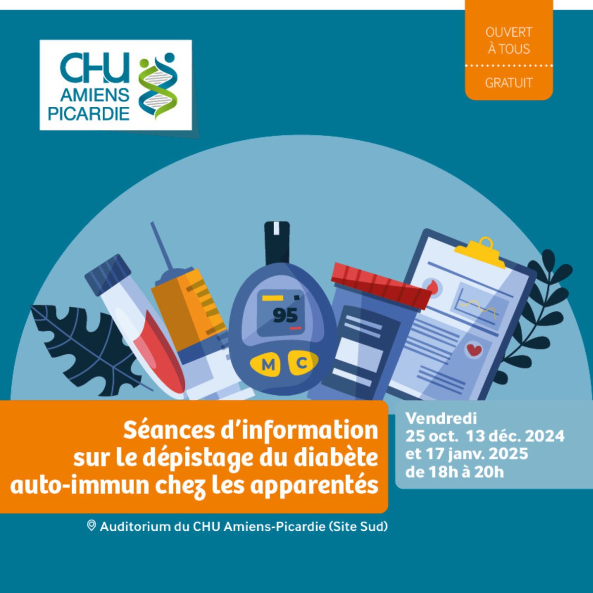 [#Diabète] Le service de Diabétologie Pédiatrique du #CHUAmiens organise des séances d'information sur le dépistage du diabète auto-immun chez les apparentés :

🗓 13/12 et 17/01
🕖18h-20h
📍Auditorium 
👉Inscription obligatoire

⬇️INSCRIPTION⬇️
eventbrite.fr/e/billets-info…
