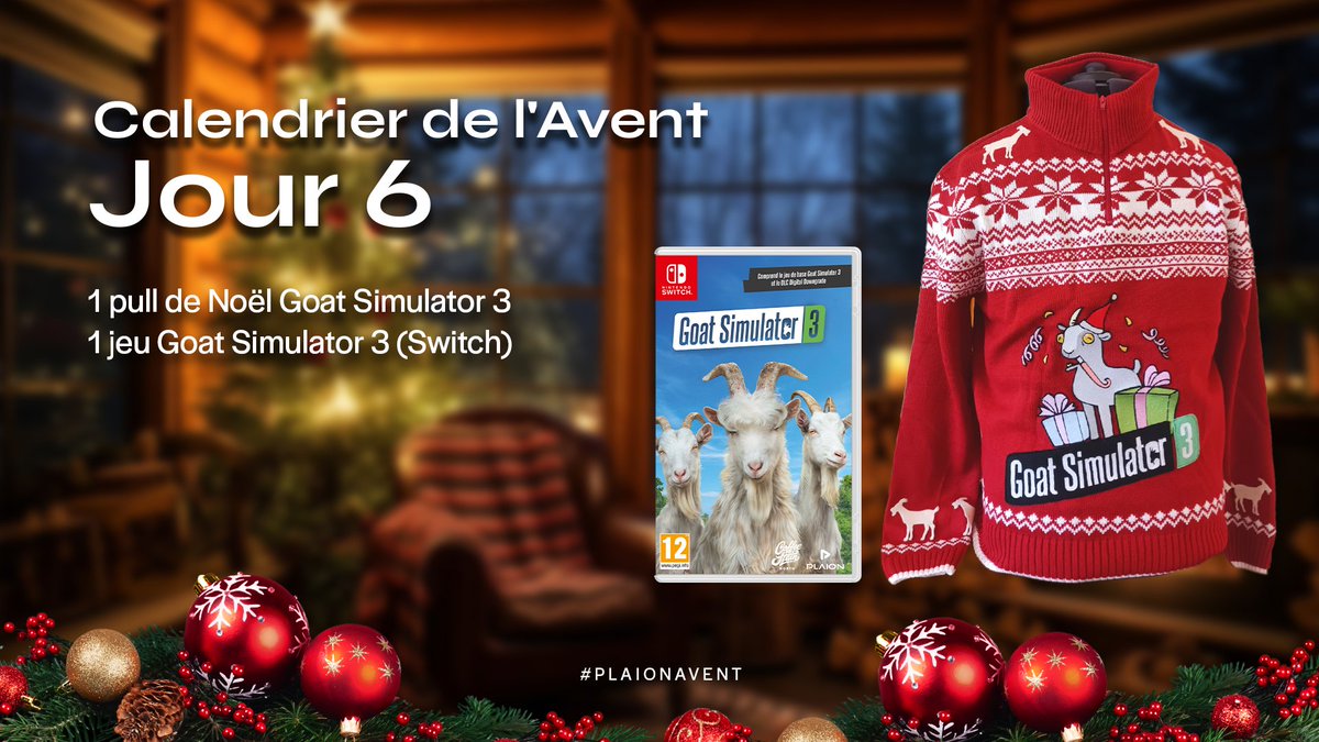 🎁 #PLAIONAvent - Jour 6

Pour la sortie de #GoatSimulator3 sur Switch, nous vous faisons gagner le jeu ainsi qu’un pull de Noël TRÊÊÊêês exclusif !

Pour participer:
✅ Follow <a href="/PLAION_FR/">PLAION France 🎮</a>
🔁 RT ce post
💬 Commentez avec la taille souhaité du pull (L ou XL)

1 gagnant
TAS le 16/12