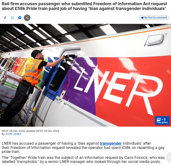LNER spent £58,000 painting a train in LGBTQ colours. 🏳️‍🌈🏳️‍⚧️
Then they started snooping on the social media account of the person who submitted an FOI request to find out the cost. 🕵️‍♂️