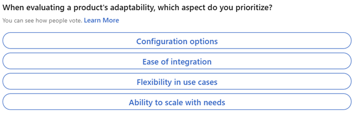 ProductFocus's tweet image. Cast your vote in this week's poll on #Propositions! 🗳️

Vote here: ow.ly/2zTx50Umfqk

Subscribe to the Product Focus Toolbox for our monthly newsletters where we share the latest poll results: ow.ly/mOmE50Umfqj

#ProductManagement #LinkedInPoll #ProductFocus