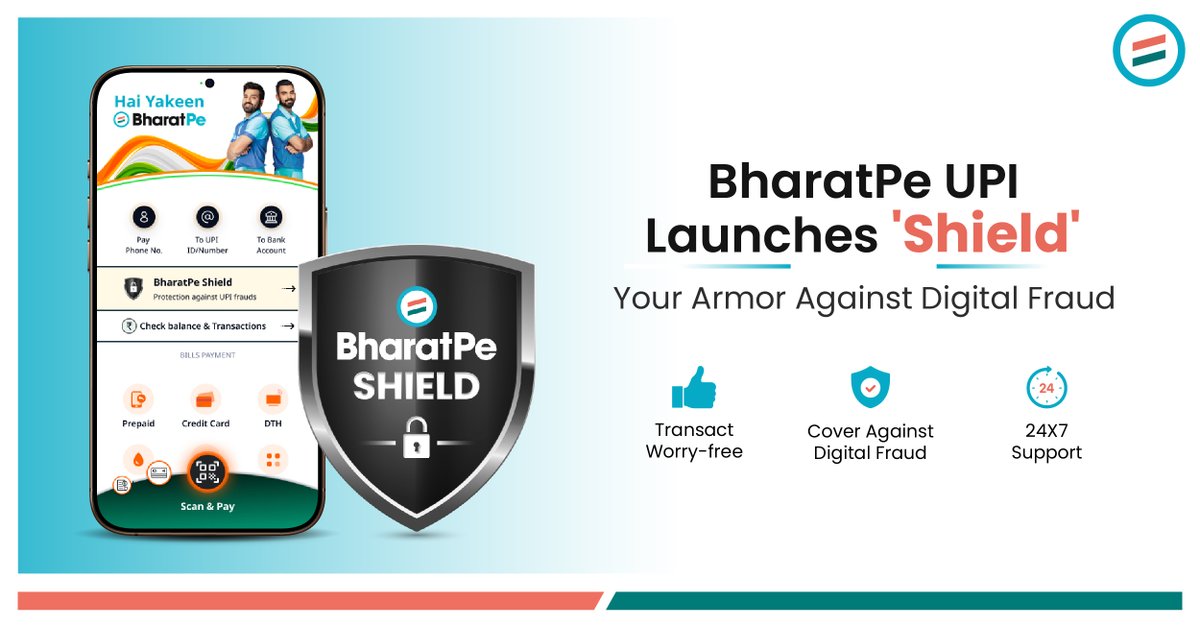 Stay Safe with #BharatPe Shield! 🛡️
Enjoy worry-free #UPI transactions with:
✔️ 30 days of FREE fraud protection (₹5,000 coverage)
✔️ Ongoing security for just ₹19/month
✔️ Coverage against phishing, fraud &amp; more
✔️ 24/7 support for claims
Activate now on the BharatPe App! 💳📲