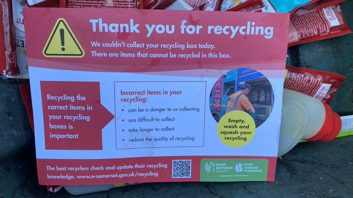 MrJonathanMock's tweet photo. @NorthSomersetC so your recycling crew refused to take away legitimate items today because - checks notes - they hadn’t been washed and cleaned? @NSomTimes https://t.co/40jhMQe6uK