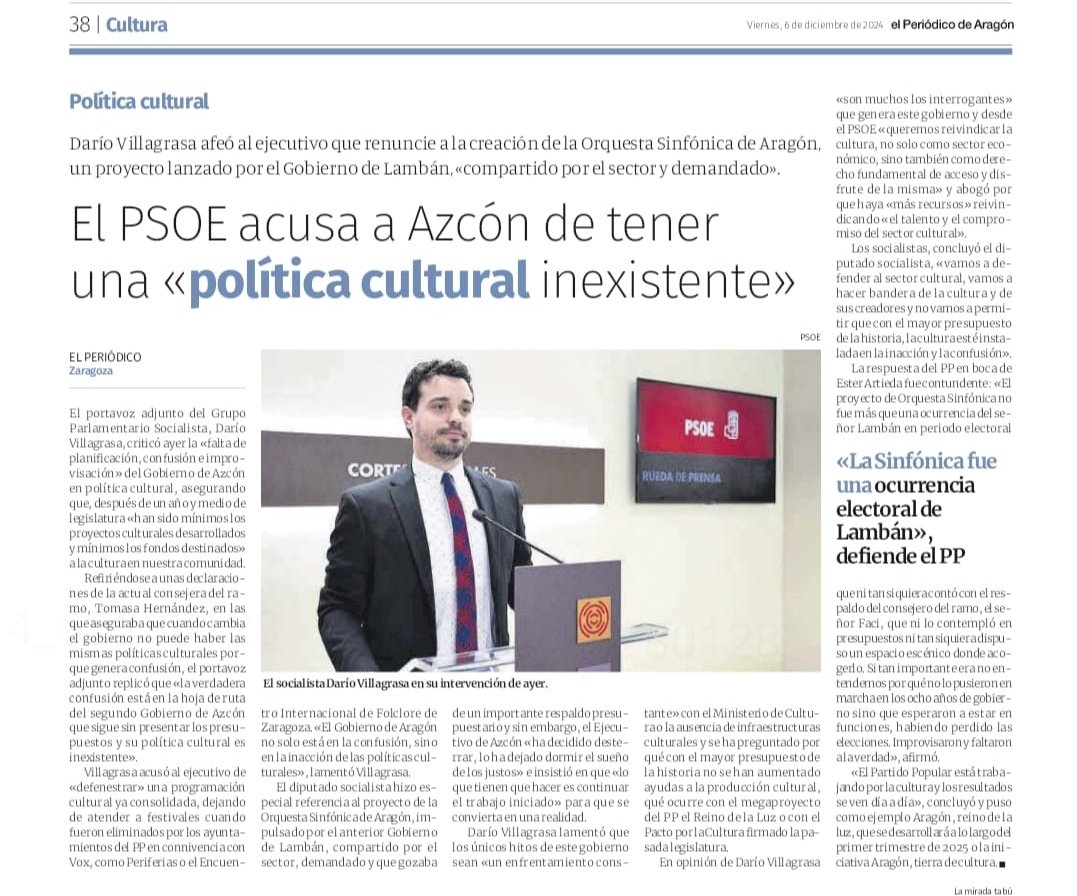 Aragón se merece una política cultural definida, que no se baje en destruir ni en ocurrencias, que continúe con proyectos como la Sinfónica de Aragón y aumente la inversión con el mayor presupuesto de la historia. Ideas y políticas públicas para evitar la inacción y la confusión.