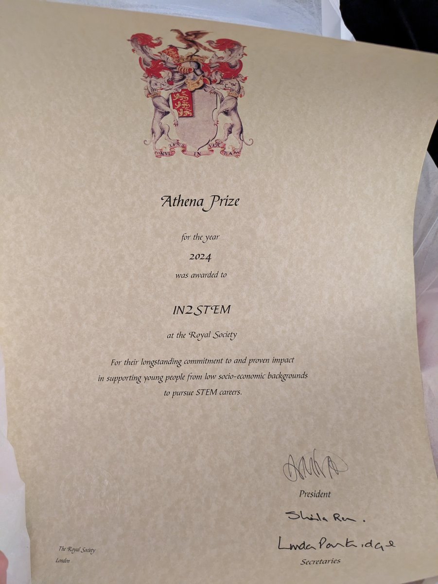 in2scienceUK's tweet photo. Last week, we were honoured to attend the @royalsociety Anniversary event, where our #In2STEM team officially received the Athena Prize for their dedicated and impactful work promoting social mobility and diversity in #STEM! 

Read our announcement here: https://t.co/J3o0IjWEF7 https://t.co/uQ3oA9yHIg