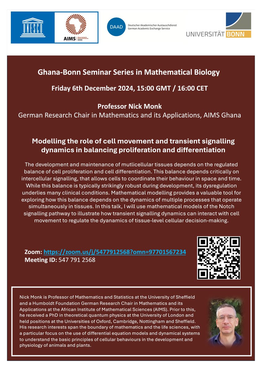 DAAD Ghana (@daad_ghana) on Twitter photo Happy Farmers Day!
You are welcome to join 'the Ghana-Bonn Seminar Series in Mathematical Biology' hosted by the Professor Nick Monk, German Research Chair in Mathematics and its Applications, <a href="/AIMSGhana/">African Institute for Mathematical Sciences, Ghana</a>
6th Dec @ 3pm
Join via: bit.ly/3OL70jb
Meeting ID: 547 791 2568 Happy Farmers Day!
You are welcome to join 'the Ghana-Bonn Seminar Series in Mathematical Biology' hosted by the Professor Nick Monk, German Research Chair in Mathematics and its Applications, <a href="/AIMSGhana/">African Institute for Mathematical Sciences, Ghana</a>
6th Dec @ 3pm
Join via: bit.ly/3OL70jb
Meeting ID: 547 791 2568