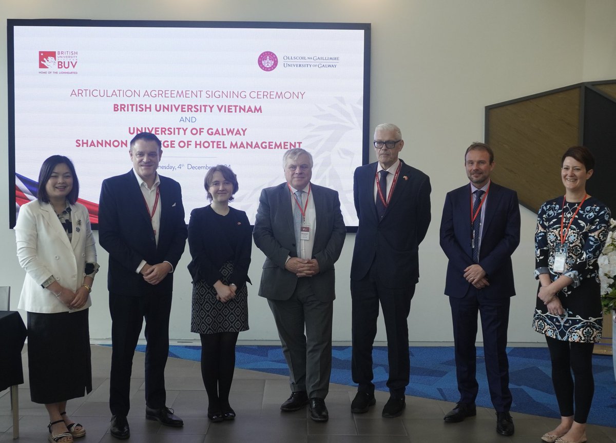 irlembvietnam's tweet photo. The Embassy was pleased to witness the signing of an articulation agreement between @ShannonCollege &amp; British University Vietnam 🤝 

Delighted also to welcome the team from @uniofgalway to the Embassy for a great discussion on shared 🇮🇪-🇻🇳opportunities in higher education🎓 https://t.co/zkd65SjXdZ